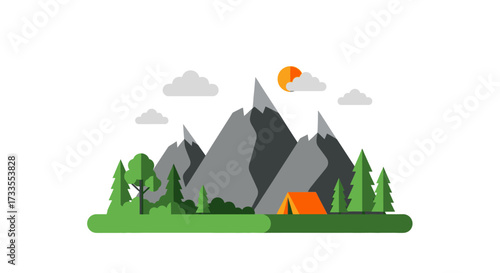 Mountain landscape with a tent and trees under a sunny sky.