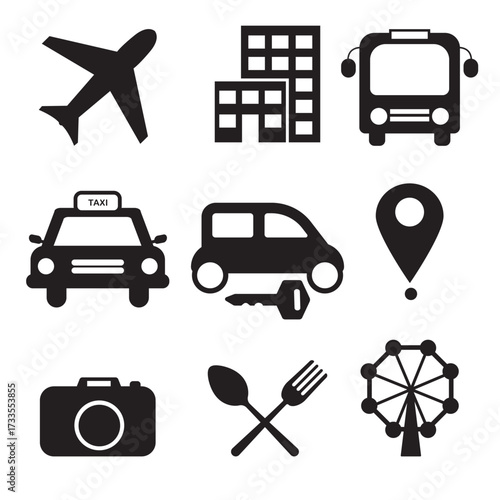 Icon for travel agency web collection. Describing flight, hotel, bus, taxi, car rent, location, camera, tourist attraction, selfie spot, restaurant, culinary spot, food and destinations.  Itinerary