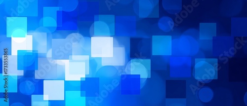Abstract background of overlapping squares and circles in shades of blue and white