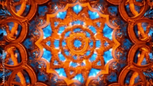 Kaleidoscopic pattern with orange and blue tones suitable for abstract backgrounds, digital designs, and artistic projects. Ideal for graphic design.