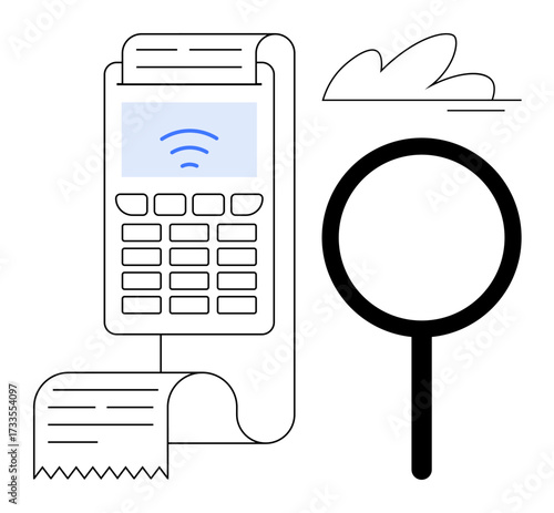 Payment terminal with printed receipt and magnifying glass symbolizing digital transaction tracking, analysis, and security. Ideal for finance, technology, retail, e-commerce, auditing, banking