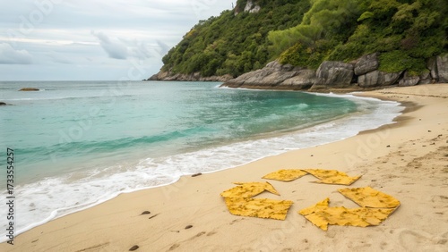 Sandy beach with turquoise ocean water and lush green cliffs
