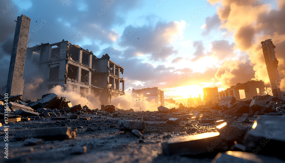 Fototapeta premium Devastated cityscape with destroyed buildings, smoke, and a dramatic sunset.