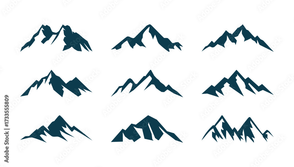Fototapeta premium set of nine simple monochrome mountain peak shapes