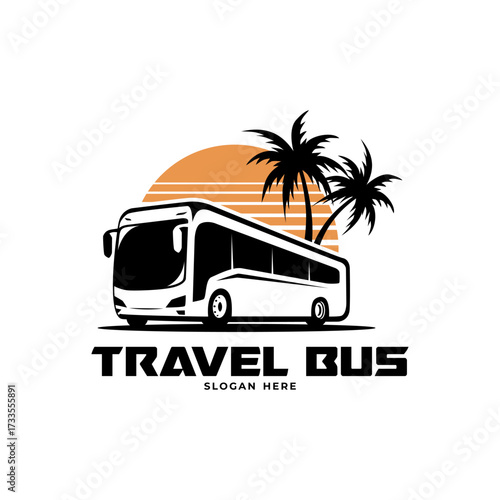 travel bus logo with palm trees and sunset design