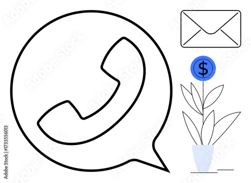 Large phone icon inside speech bubble, envelope icon, and dollar sign over a growing plant. Ideal for communication, growth, business, finance, networking support strategy. Simple flat metaphor