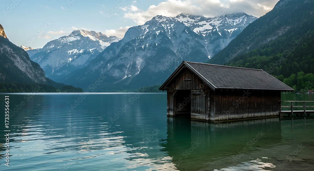 Fototapeta premium Scenic Austrian Lake with Boat House and Snow-Capped Mountain Landscape Serenity