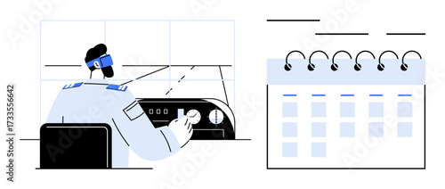 Control room operator adjusting dials at workstation, paired with a coiled notebook calendar. Ideal for scheduling, time management, productivity, operations planning, monitoring, industrial roles
