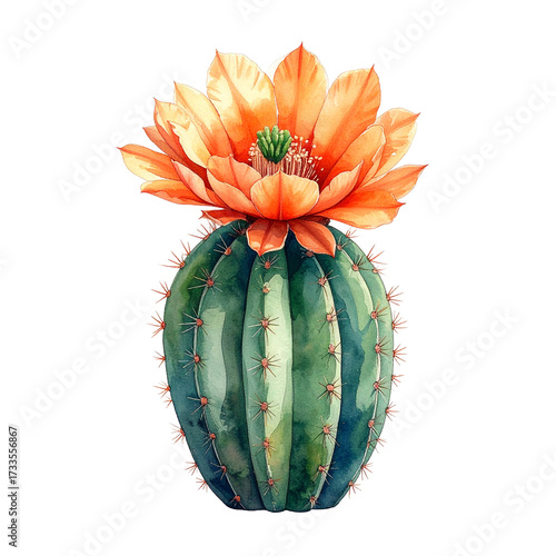Cactus in Bloom Watercolor PNG: A vibrant, watercolor-style illustration showcases a detailed cactus with a captivating, orange blossom in full bloom, exuding natural beauty.