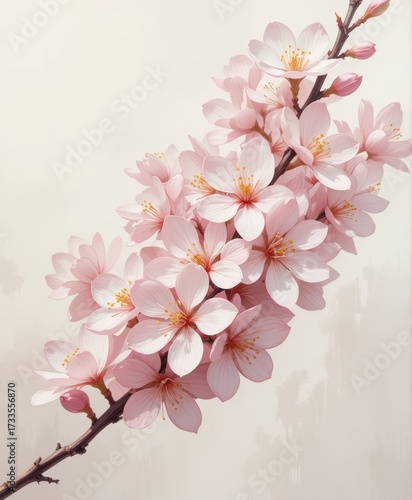 Delicate pink cherry blossoms unfurl on a branch, symbolizing the gentle arrival of spring with their soft petals and vibrant bloom, capturing the essence of natural renewal