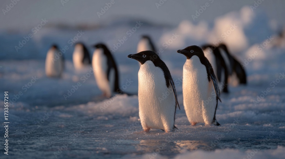 Obraz premium Adelie penguins waddle on twilight ice, embodying Antarctic cheer, celebrating World Penguin Day and the Festival of Ice