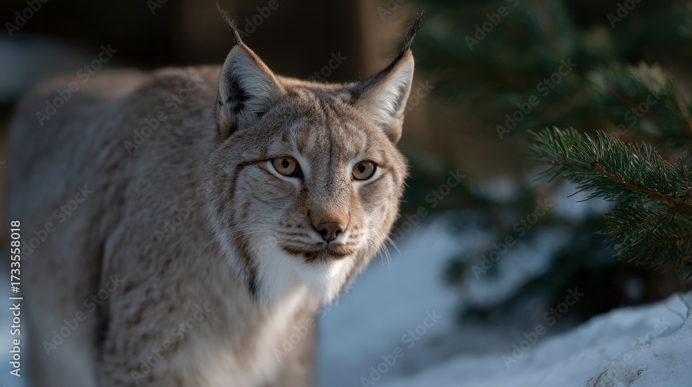 Obraz premium Silent lynx prowls through whispering snowdrifts, echoing Winter Solstice mysteries, embodying nature's enigma and Nordic folklore's silent guardian