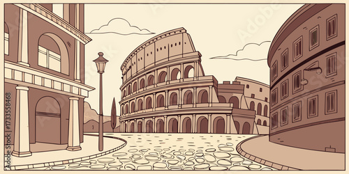 Detailed flat vector illustration of the Colosseum in Rome, surrounded by old European architecture, warm earthy tones, simple sky with soft gradients, cultural and historical mood, perfect for educat