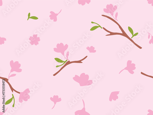 Soft cherry blossom seamless pattern on pastel pink, scattered petals and simple brown branches with fresh green leaves, minimalist spring vector repeat for fabric, wrapping and decor.