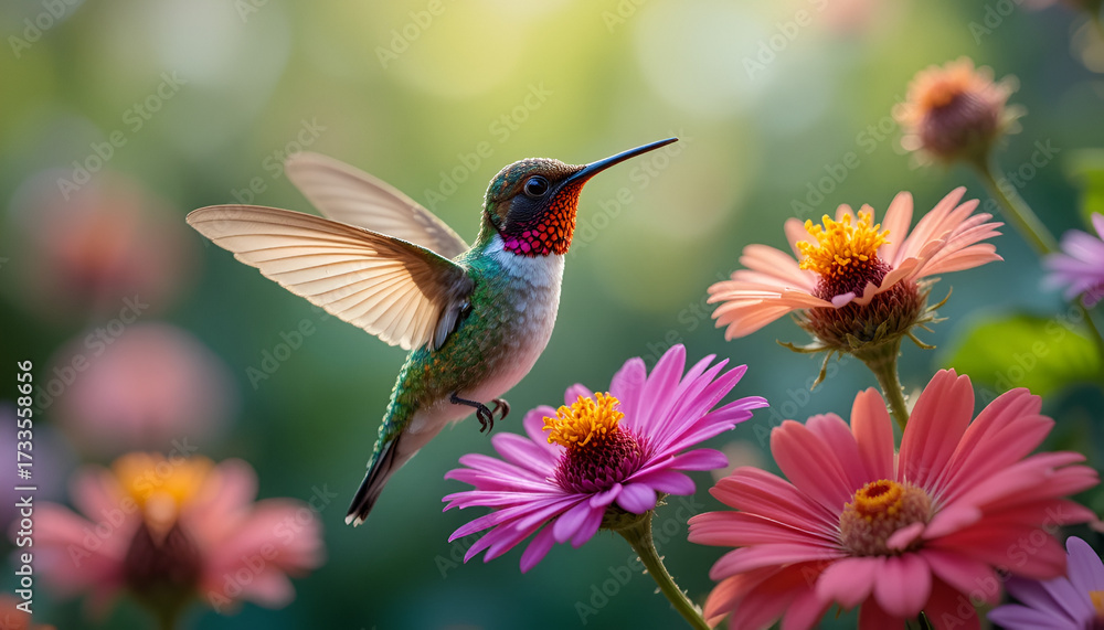 Fototapeta premium A vibrant hummingbird hovers near colorful zinnia flowers in a garden
