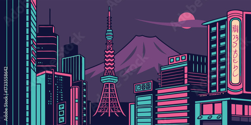 Vector artwork of Tokyo city at night, glowing neon signs on tall buildings, Tokyo Tower visible, with Mount Fuji in the background, cyberpunk inspired color scheme with pink, blue, and purple tones, 