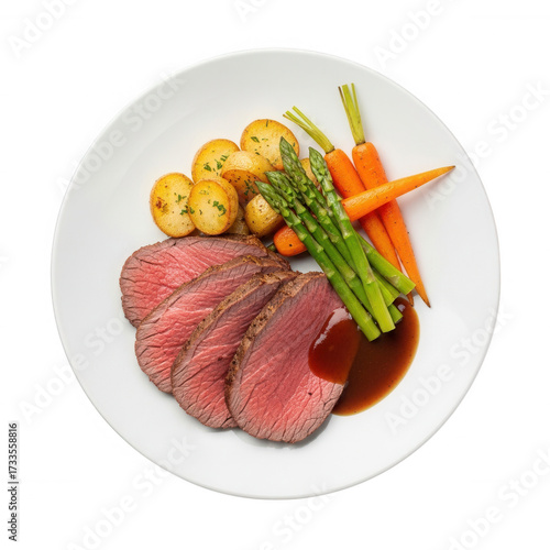 Sliced roast beef with potatoes asparagus carrots isolated on a transparent background