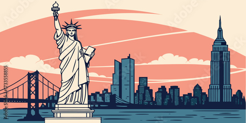 Minimalist flat vector illustration of New York City skyline at sunset, including Statue of Liberty, Empire State Building, and modern skyscrapers, clean shapes, vibrant gradient sky, designed for pos