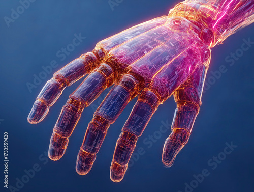 Futuristic robotic hand symbolizing artificial intelligence, with transparent glowing structures showcasing advanced cybernetics.