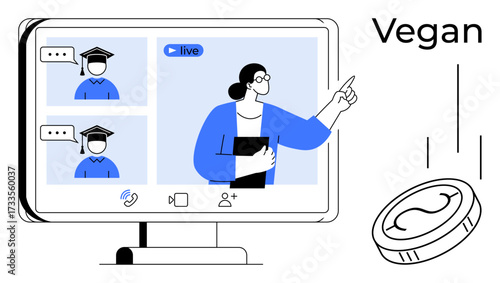 Female instructor guiding two students in an online class. Includes screen interface icons, live streaming, education, teamwork, e-learning, teaching, and digital communication. Represents simple