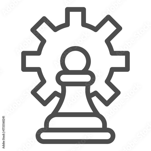 Mechanical gear with chess pawn line icon, game concept. Vector graphics. Gaming sign on white background, outline style icon for mobile or web design.