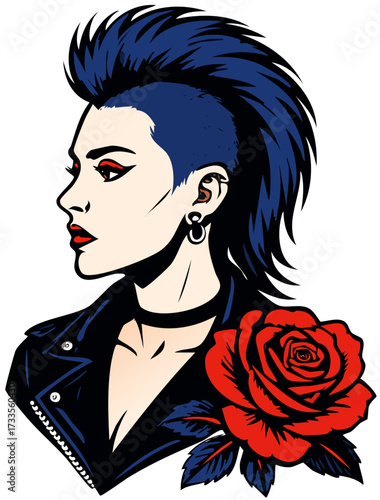 punk woman, indigo and black and red, flower