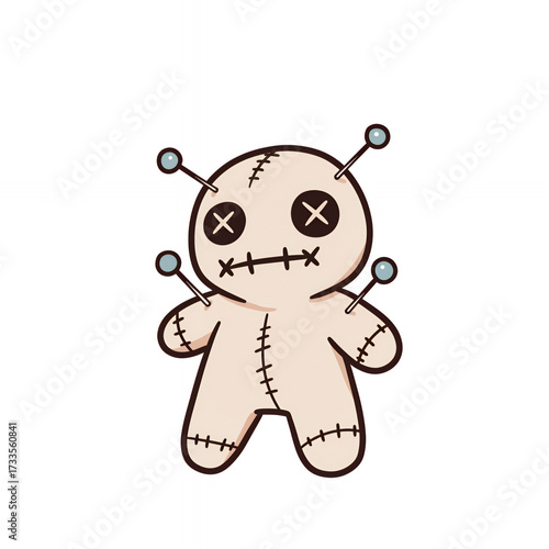 Voodoo doll plush with pins and stitched features on isolated white background  