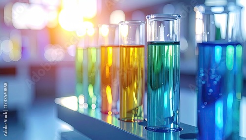 Colorful Liquid Filled Test Tubes Under Bright Studio Lighting in Laboratory Setting