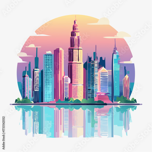 Colorful cityscape illustration with skyscrapers and water reflection.
