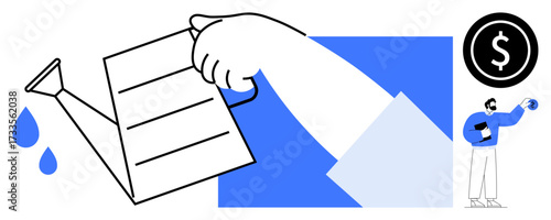 Hand pouring from a watering can with dollar-focused symbols and coins. Ideal for growth, investment, finance, money management, strategy, business, or sustainability presented as a simple flat