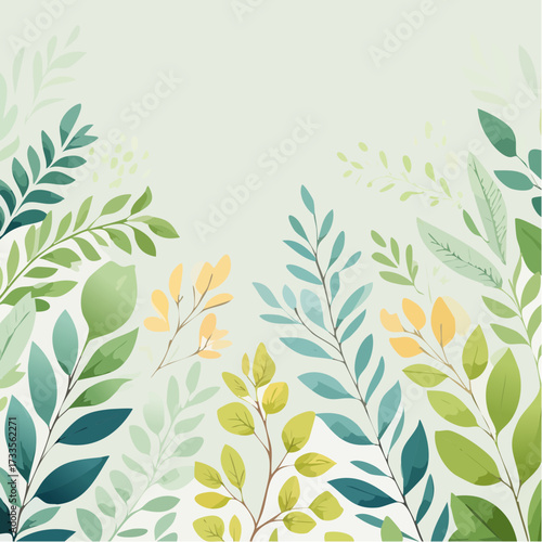 Watercolor leaves illustration with green, blue, and yellow hues on a light background.