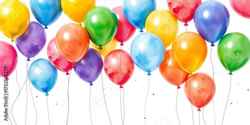 Watercolor painting of colorful balloons floating on white background,  floating,  air