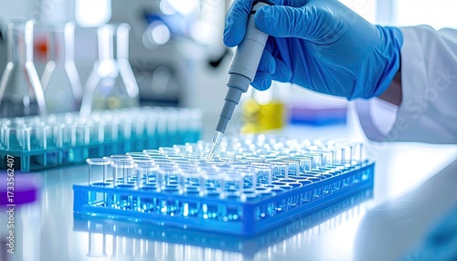 Lab Assistant Working with Microplate and Pipette in Sterile Environment Filled with Vials and Test Tubes Under Bright Light