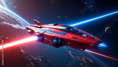 Wallpaper Mural A futuristic spacecraft streaks across space, lit by beams of light and with celestial bodies as backdrop Torontodigital.ca