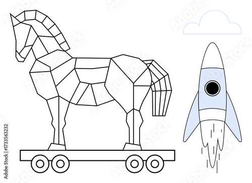 Geometric Trojan horse on wheels beside a launching rocket under a cloud. Ideal for innovation, strategy, cybersecurity, exploration, data, creativity, future trends. Simple flat metaphor