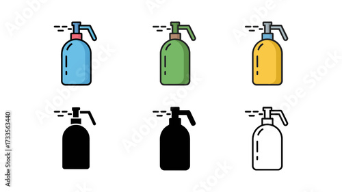 Vector art of group of six dispenser bottle icons with pump in various colors