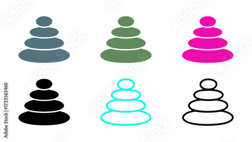 Vector art of set of six stacked stone icons in various colors and styles