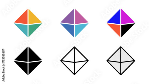 Vector art of six geometric diamond shapes in various color combinations and styles