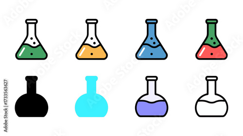 Vector art of set of eight colorful and black and white laboratory flasks with liquid
