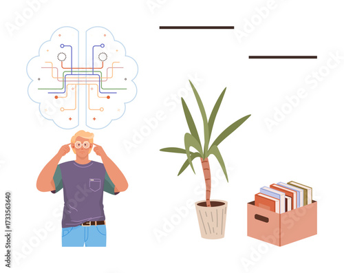 Man contemplating interconnected digital circuits within a cloud-shaped thought bubble, accompanied by a green potted plant and a box full of colorful books. Ideal for learning, innovation