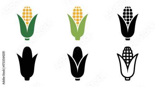 Vector art of collection of corn icons in various styles, including colorful and silhouette versions