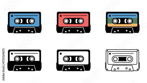 Vector art of collection of six vintage cassette tape icons in various colors and styles