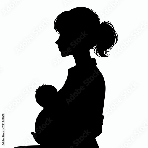 Silhouette of a woman holding her baby, exuding maternal affection against a plain background