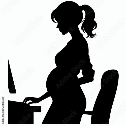 Woman working on maternity leave in silhouette typing at computer on white background