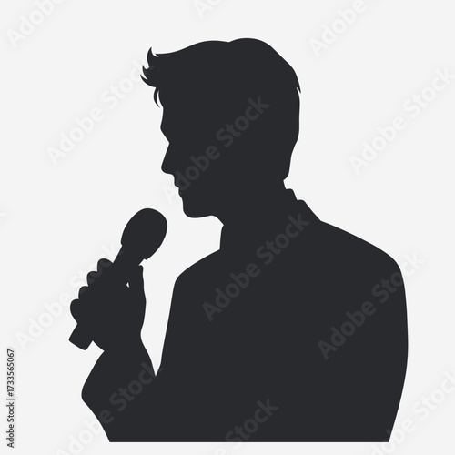 Silhouette of a man speaking into a microphone, indicating performance or presentation against a plain background