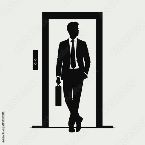 Silhouette of a corporate man standing in an elevator doorway with a briefcase against a plain background