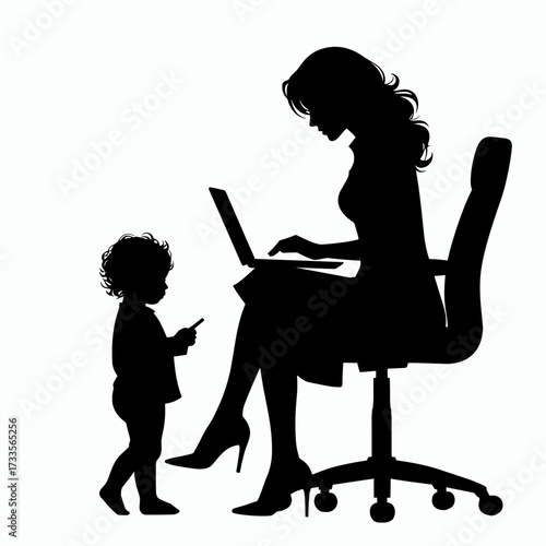Mom working remotely with child in silhouette on white background