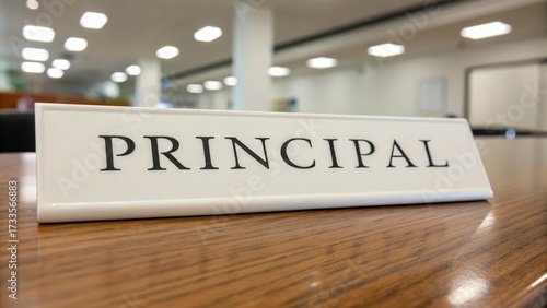 White Rectangular Nameplate With Principal Written in Bold Black