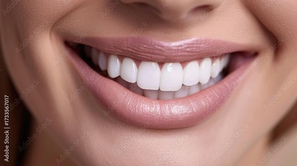 Fototapeta premium Close-up of a beaming smile with pearly white teeth, healthy glowing skin, subtle pink lips, expression of happiness and confidence