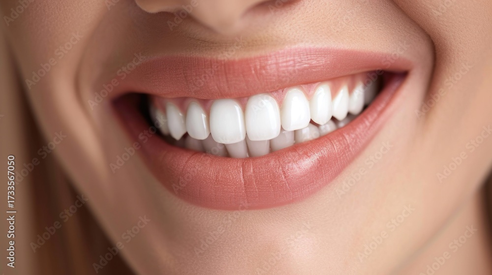 Obraz premium Close-up of a beaming smile with pearly white teeth, healthy glowing skin, subtle pink lips, expression of happiness and confidence 